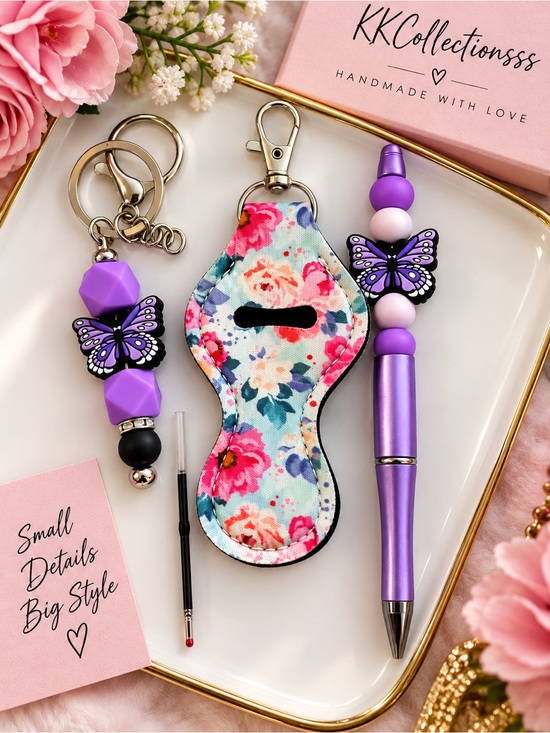 Kkcollectionsss Other - Floral Lip Balm Holder Keychain with Purple Butterfly Pen Set